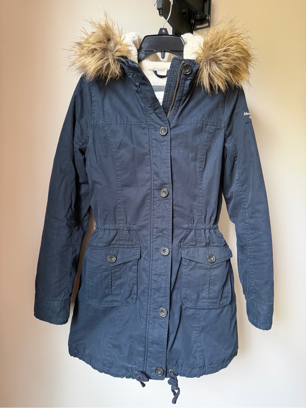Abercrombie & Fitch Navy Hooded Parka with Faux Fur Trimmed Hood